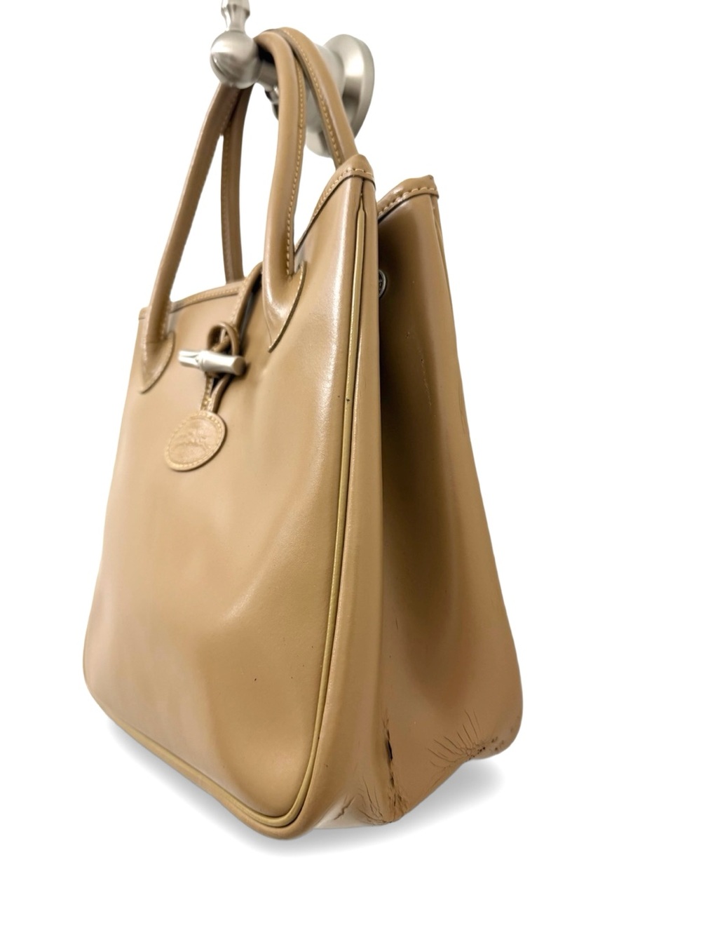 Vintage Longchamp Roseau Leather Tote Bag Camel Tan Bamboo Toggle - Picture 2 of 11